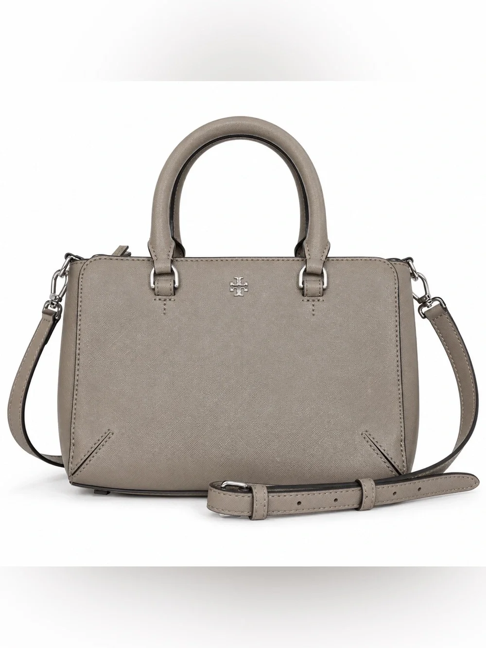 Tory Burch Small Saffiano Leather Satchel Crossbody Bag Taupe Gray